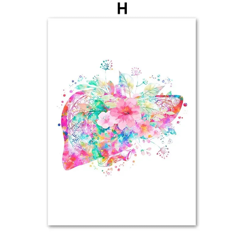 Heart Brain Lungs Kidney Rib Cage Liver Medical Floral Anatomy Poster Wall Art Canvas Print Painting Doctor Office