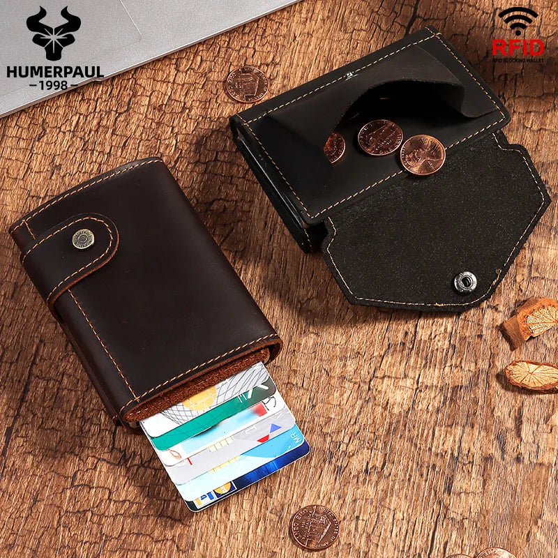 HUMERPAUL Cowhide Men Business Aluminum Cash ID Card Holder RFID Slim Metal Wallet Zip Coin Purse Automatic Pop Up