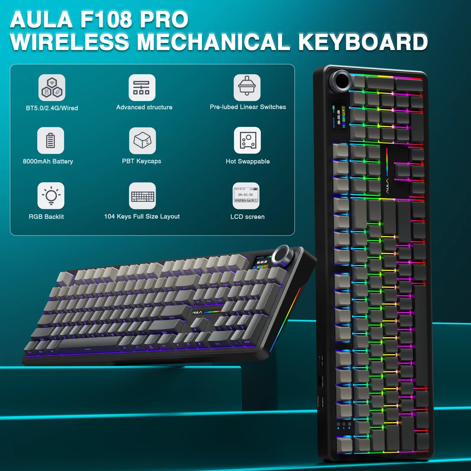 AULA F108pro Wireless Bluetooth Keyboard Macro Gaming keyboard Gasket Hot-swap Full Size Keyboard with TFT Smart