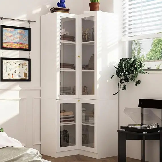 Corner Glass Door Bookshelf L-Shaped 5-Tier Bookcase Tall 78.9 Kitchen Corner Storage Cabinet Grilled Glass Design