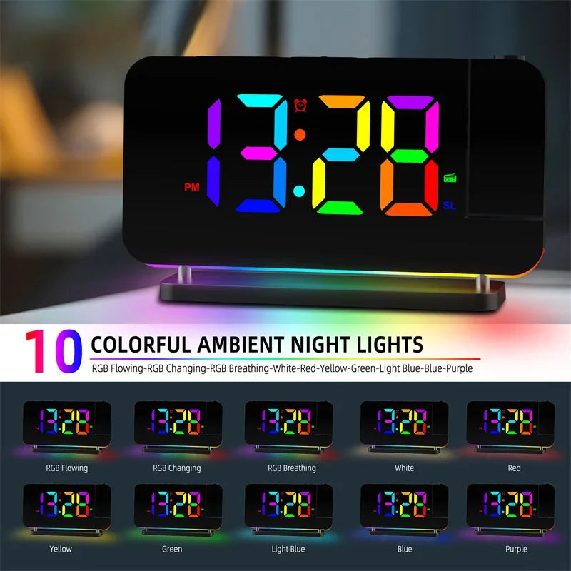FM Radio 180° Projection Alarm Clock RGB With RGB Night Light 6 Levels Brightness Dual USB Output Port 12H/24H Digital