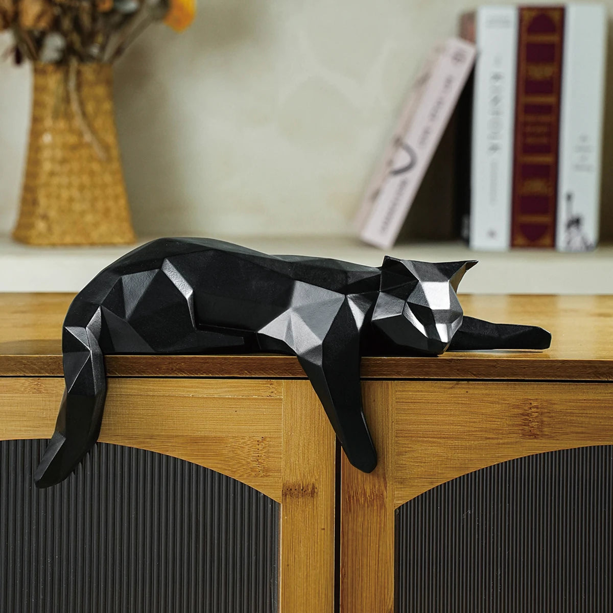 White Black Cat Statue - Geometric Modern Room Decor Figurine Sculpture for Home Office as Table Shelf Desk Decor Lying