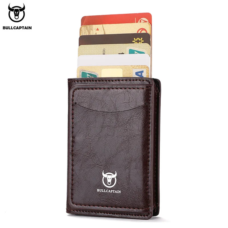 Bullcaptain Credit Card Holder Men Wallet RFID Blocking Protected Aluminium Box Leather Wallets with Money Clip Card