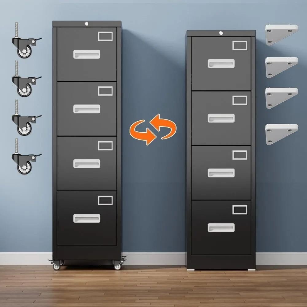 File Cabinet 4 Drawer with Wheels Lockable Office Metal Filing Cabinet with Name Card Mobile Storage Cabinet w/Smooth