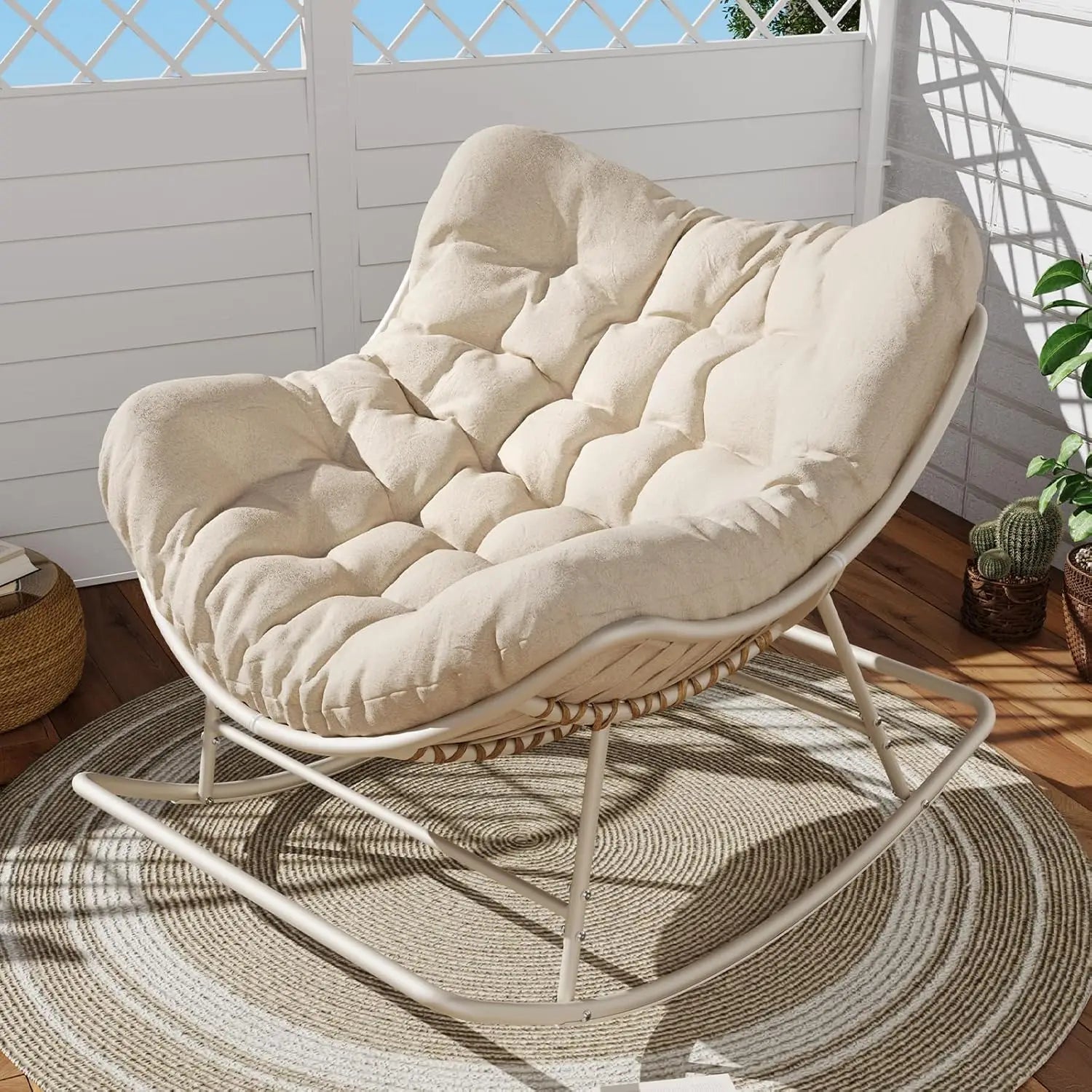 Papasan Rocking Chair Outdoor Indoor Oversized Egg Wicker Rocker with Cushion Supports 450 lbs Patio Chair for Balcony