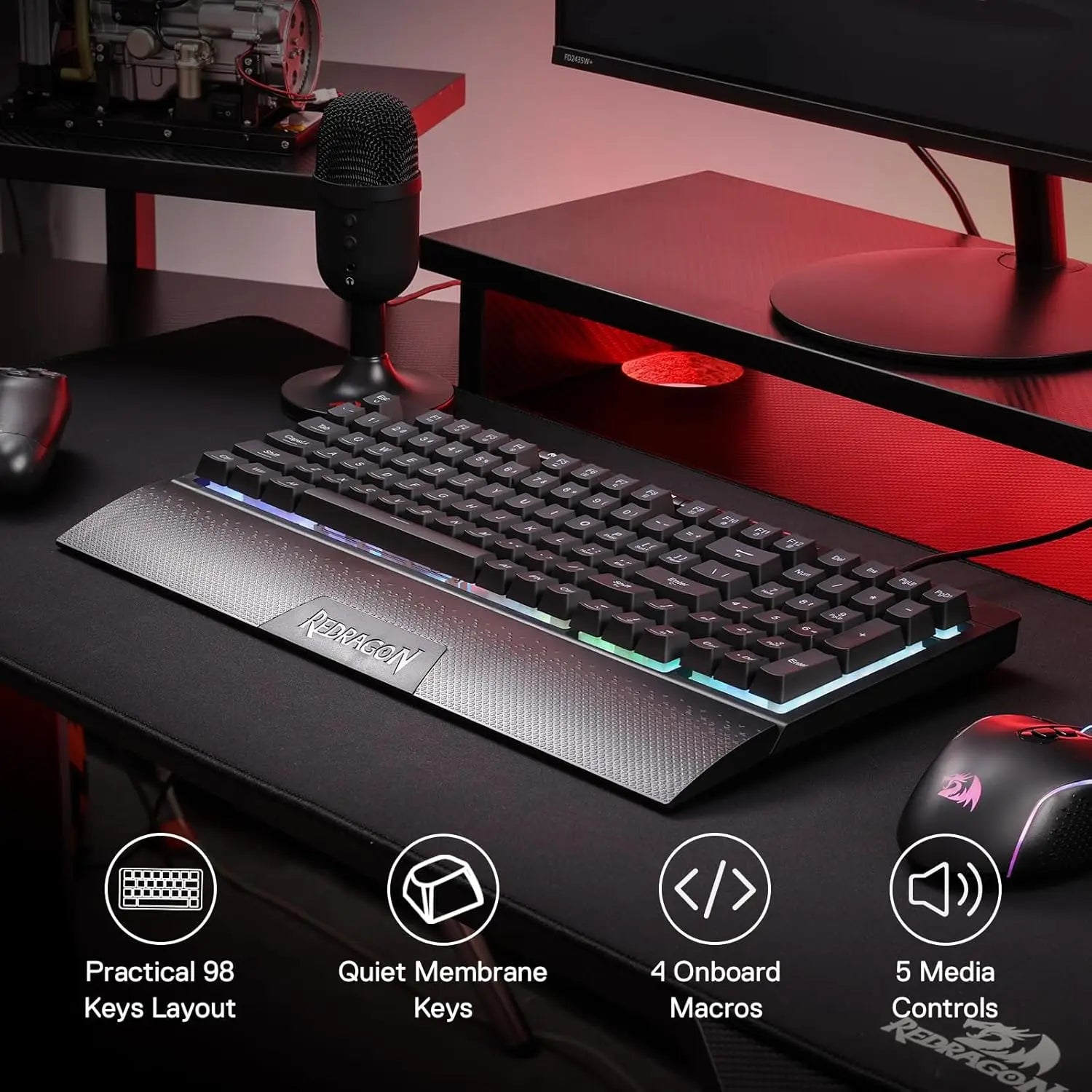 Redragon K515 Shiva RGB Membrane Gaming 98 Keys Mechanical Detachable Wrist Rest Smooth Linear Switch Keyboard - Desktop