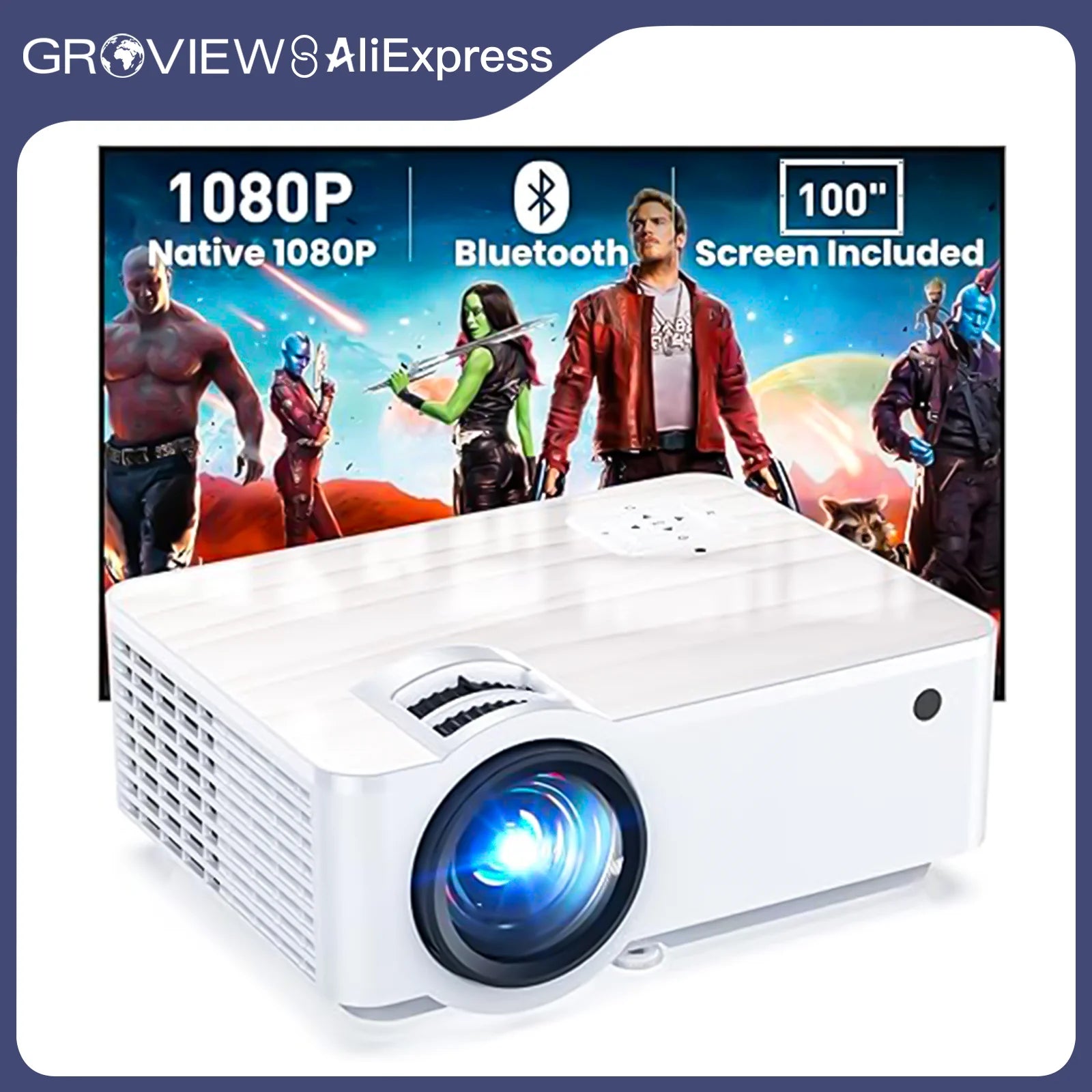 GROVIEW 1080P Bluetooth Mini Projector 9500 LUX Portable Outdoor Projector with 100” Screen VGA/HDMI/USB/SD/PS5