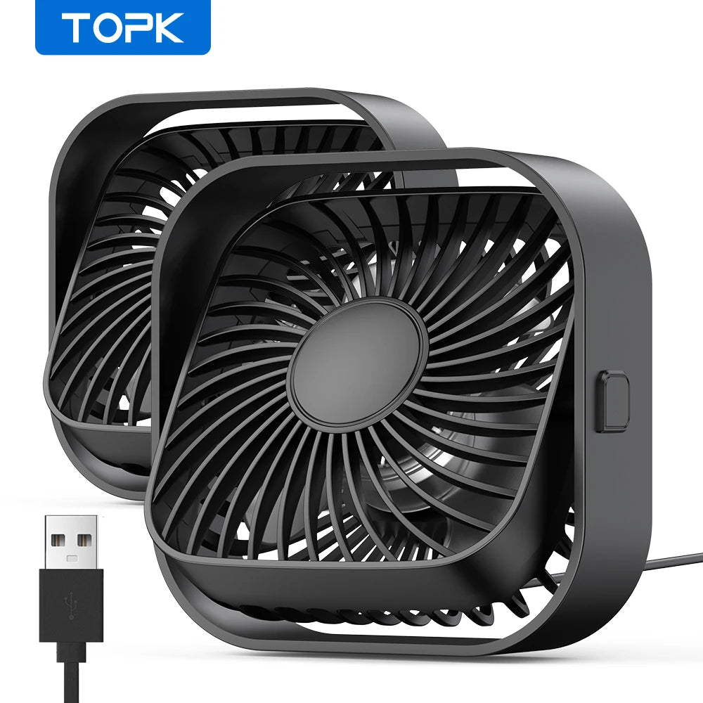 TOPK USB Desk Fan,[2Pack] Mini Fan Strong Airflow & Quiet Operation,360° Rotatable Head 3-Speed Wind Small Cooling Fan