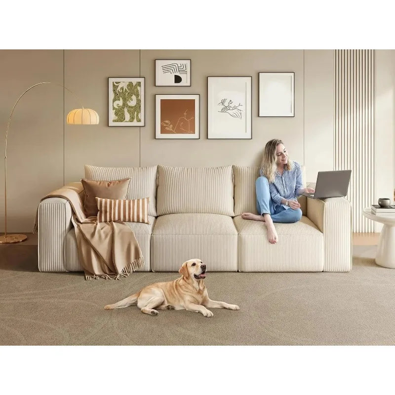 Luxurious 3-Seat Deep Modular Sectional Sofa with Cloud Comfort and 3 Pillows in Corduroy for Living Spaces
