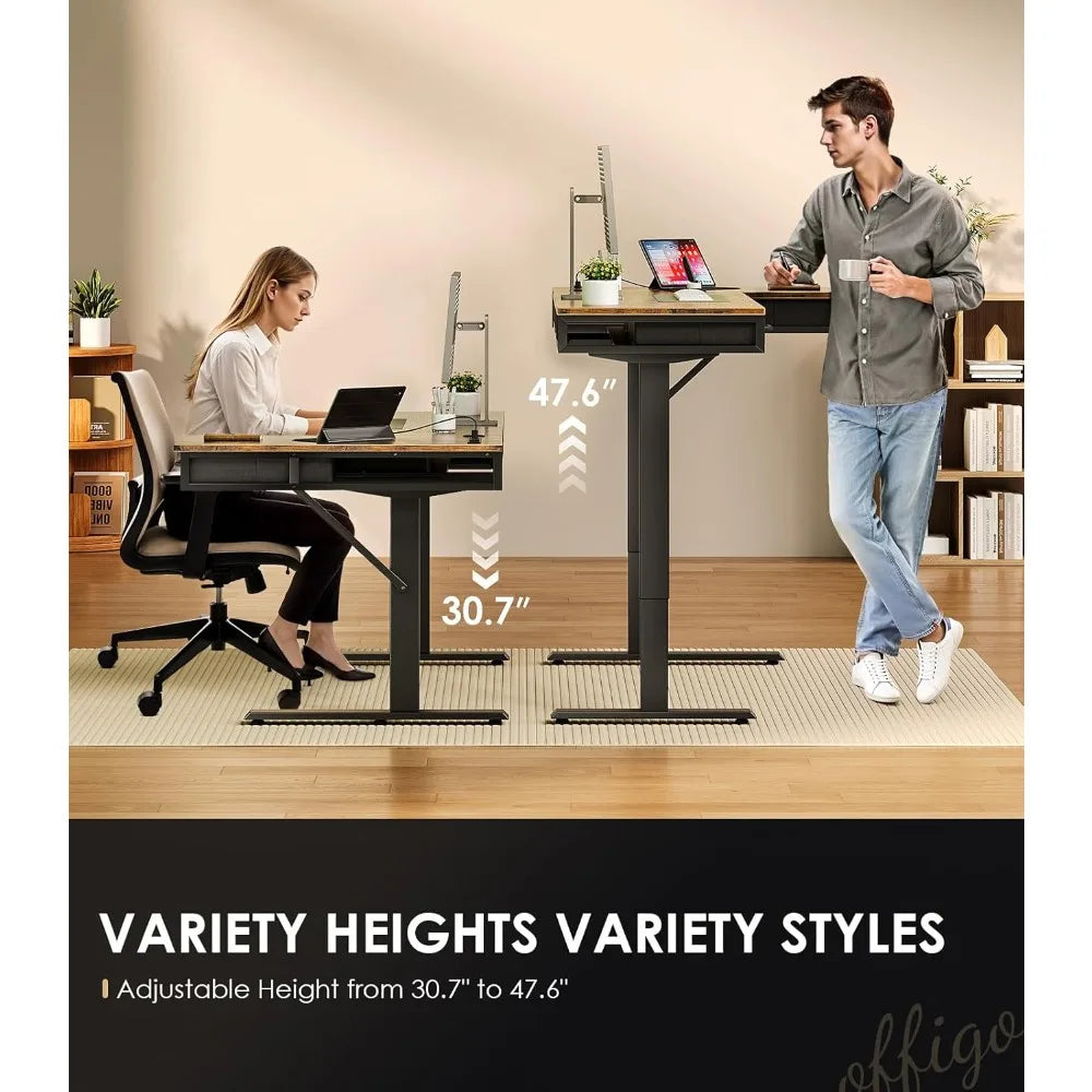 L Shaped Electric Standing Desk with Drawers Height Adjustable Large Desk with Power Outlets Sit Stand Table,