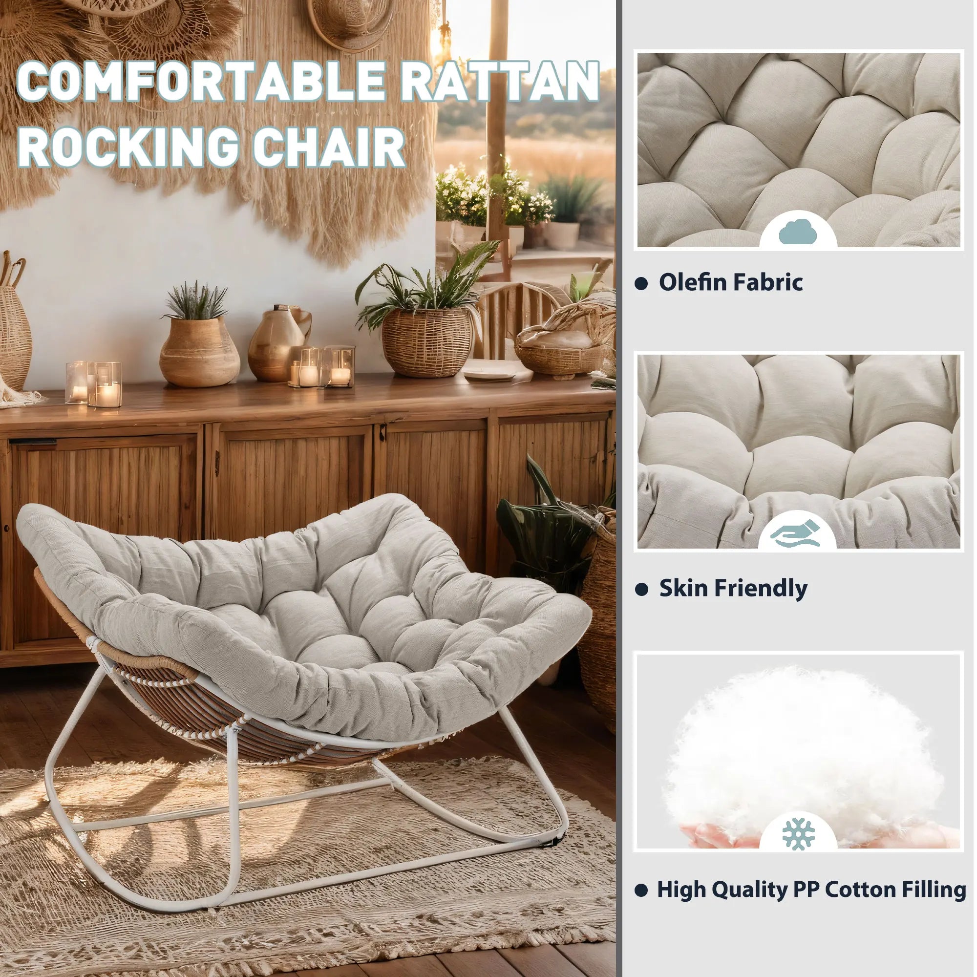 Outdoor Rocking Chair Patio Wicker Egg Chair Indoor Comfy Oversized Papasan Chair with Padded Cushion for Front Porch