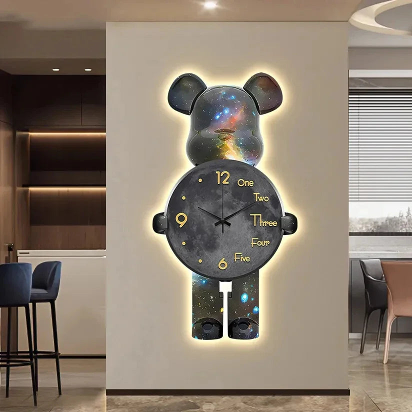 Aesthetic Bear Wall Clock LED Lamp Unique Bear Silent Watch Sconce Luxury Porch Livingroom Decoration Interior Light