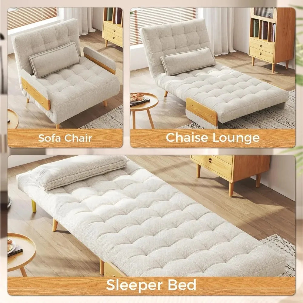 3-in-1 Convertible Chair Bed Sleeper for Adults Linen Convertable Sleeper Chair with Wooden Arms & Pillows Foldable