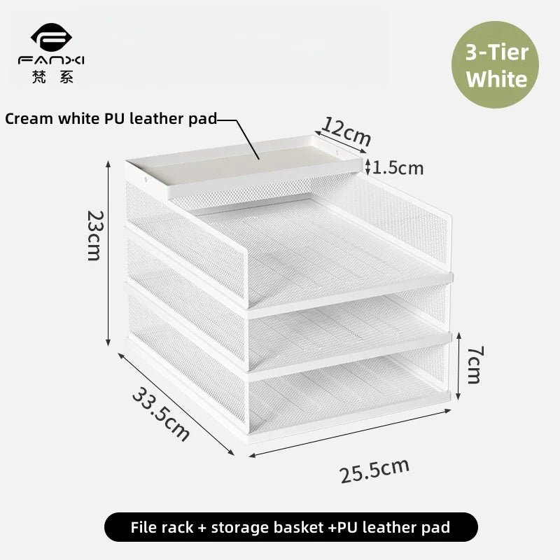 Metal File Stack Stackable Desk Organizer Office Desktop Organizer Multilayer File Tray with a Hanging Pen Holder Desk