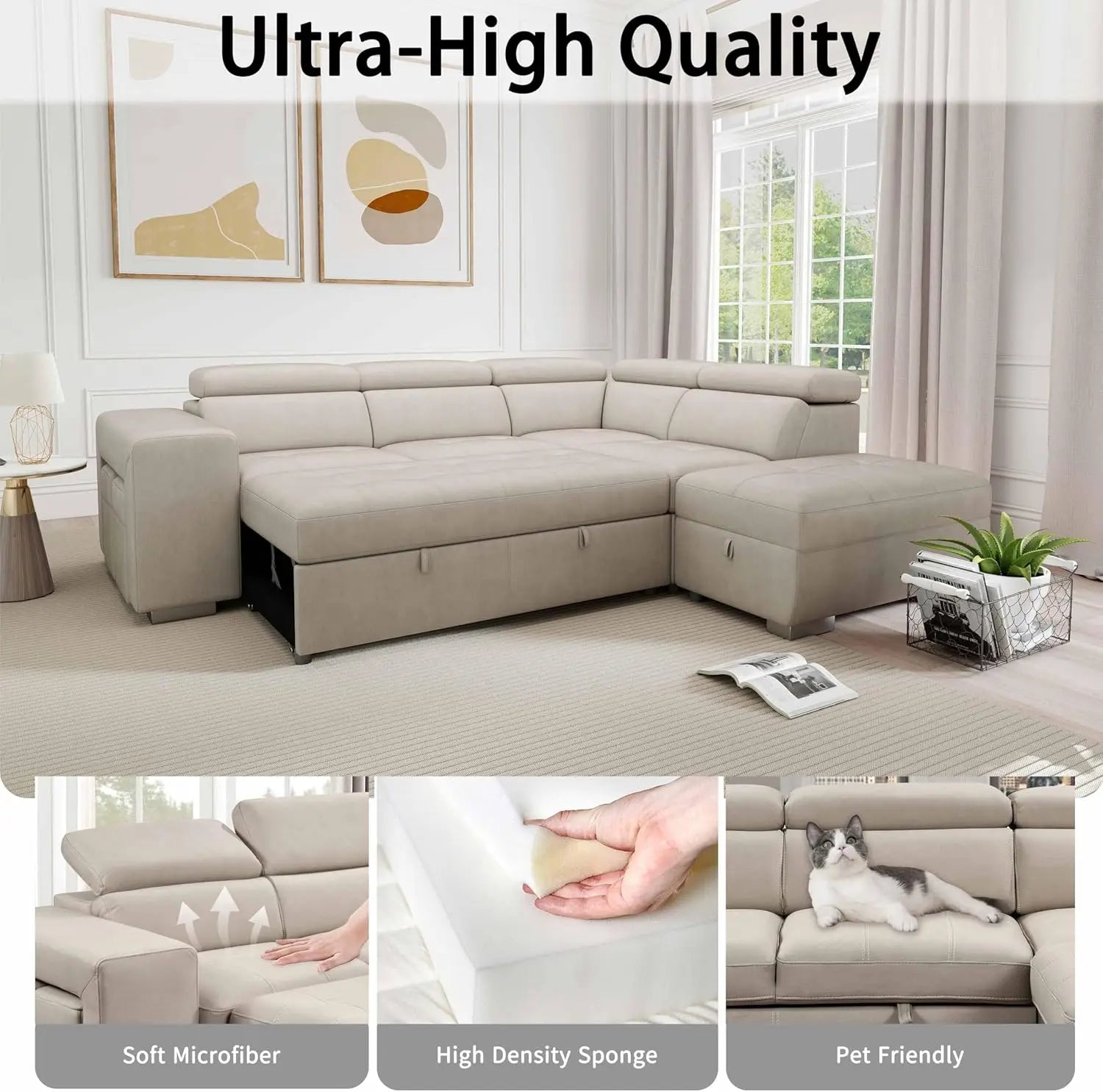 104’’ Microfiber L Shaped Sectional Sleeper Sofa Couch with Pull Out Bed and Storage Ottoman Convertible Couches
