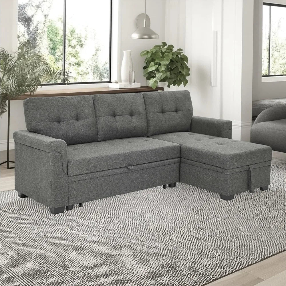 Gray Modern L-Shaped Sectional Sofa with Reversible Chaise Storage and Pull-Out Sleeper Bed for Living Rooms