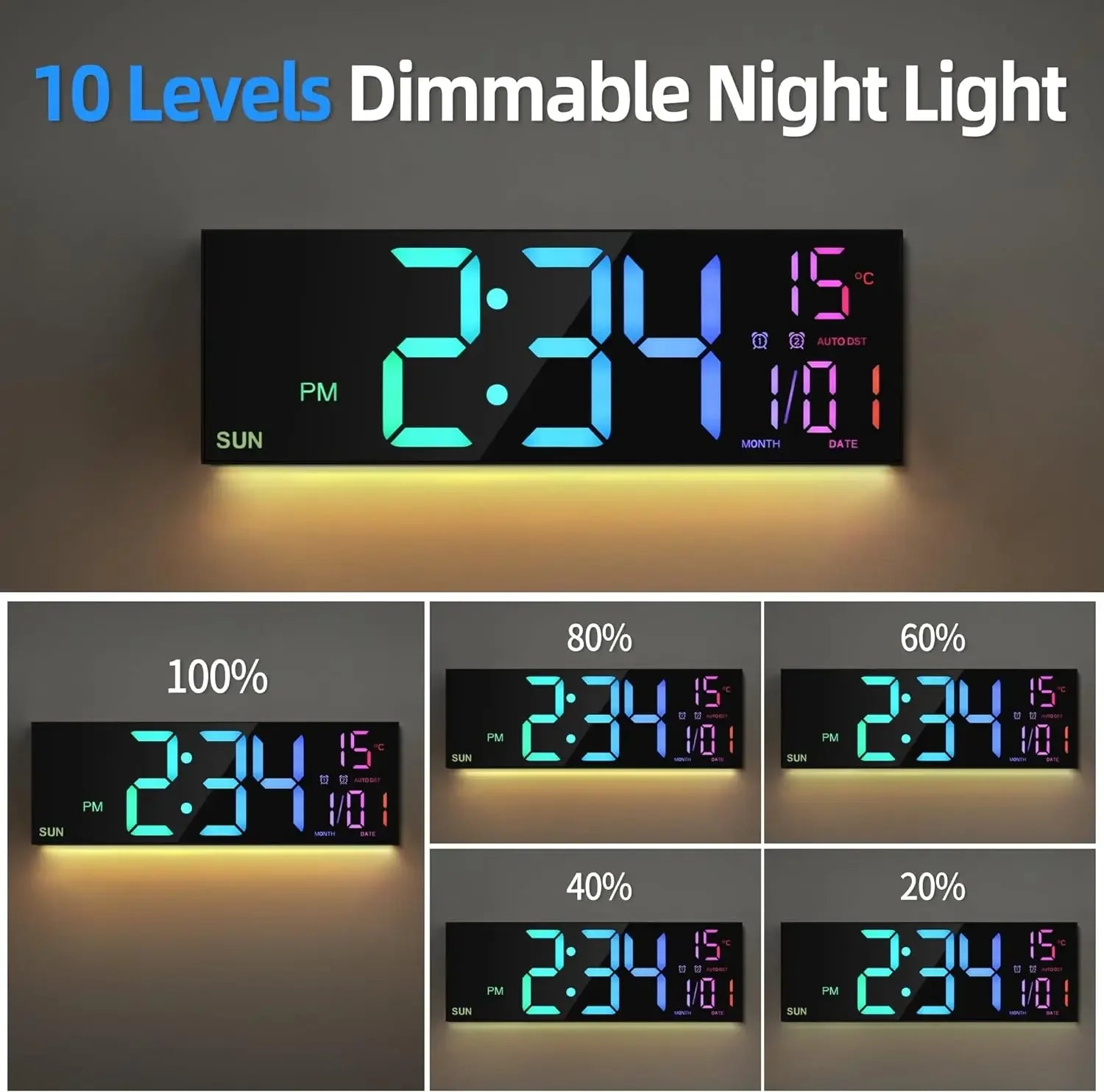 16.2’’ Large Digital Wall Clock with Remote Control Big LED/Dual Alarm/8 RGB Colors Digital Alarm Clock Electronic Watch