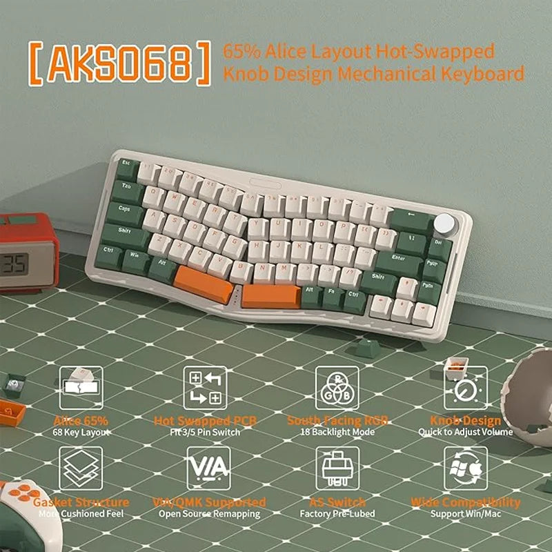 AKS068 Alice Layout Wired Mechanical Keyboard Gasket Mount 68 Keys Ergonomic 60% Gaming Keyboard USB-C Hot-S - Desktop