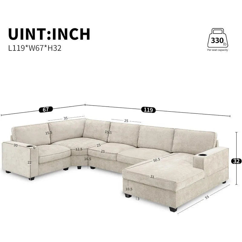 Large U-Shaped 6-Seat Chenille Sectional Sofa Set with Chaise Cup Holders for Spacious Living Room - Beige / United