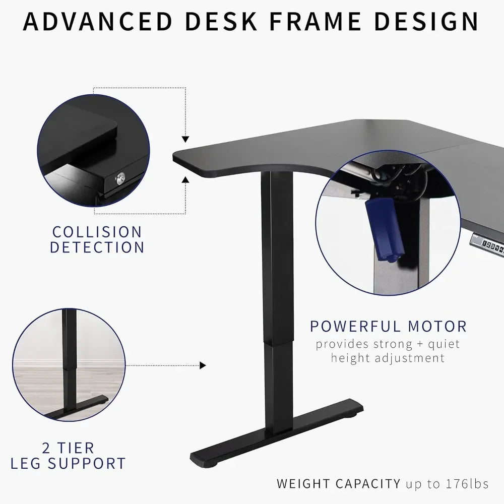 Electric Height Adjustable L Shaped 58 x 35 inch Corner Standing Desk Black Reversible Table Top Black Frame - United
