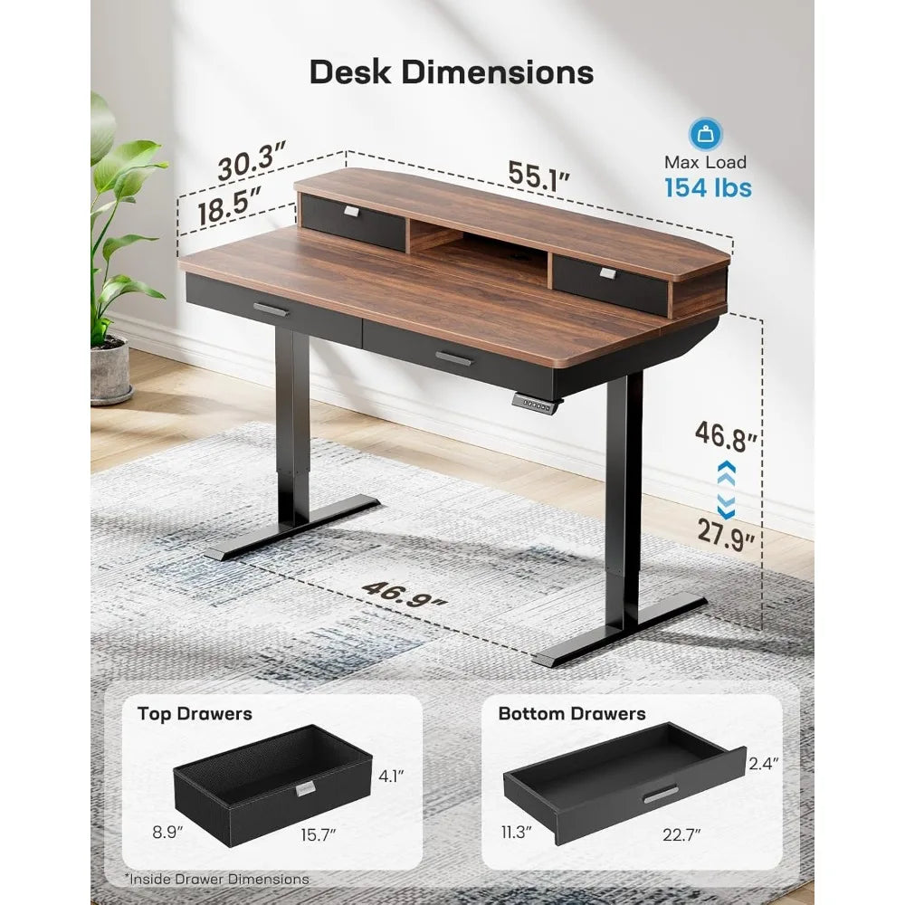 55 x 30 inch Electric Standing Desk with Wood Drawers Adjustable Height Sit Stand Home Office Desk with Two Tiers Walnut