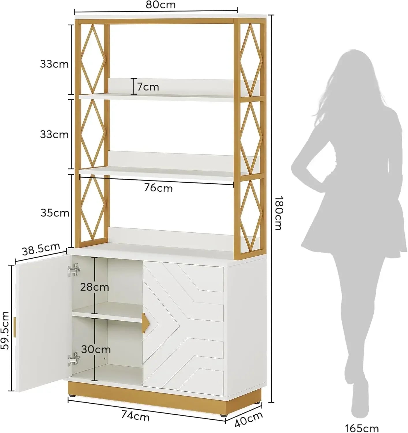 White and Gold Bookshelf with Doors: 70.9 Inches Tall Etagere Bookcase Set of 2 Modern Open Display Book Shelves