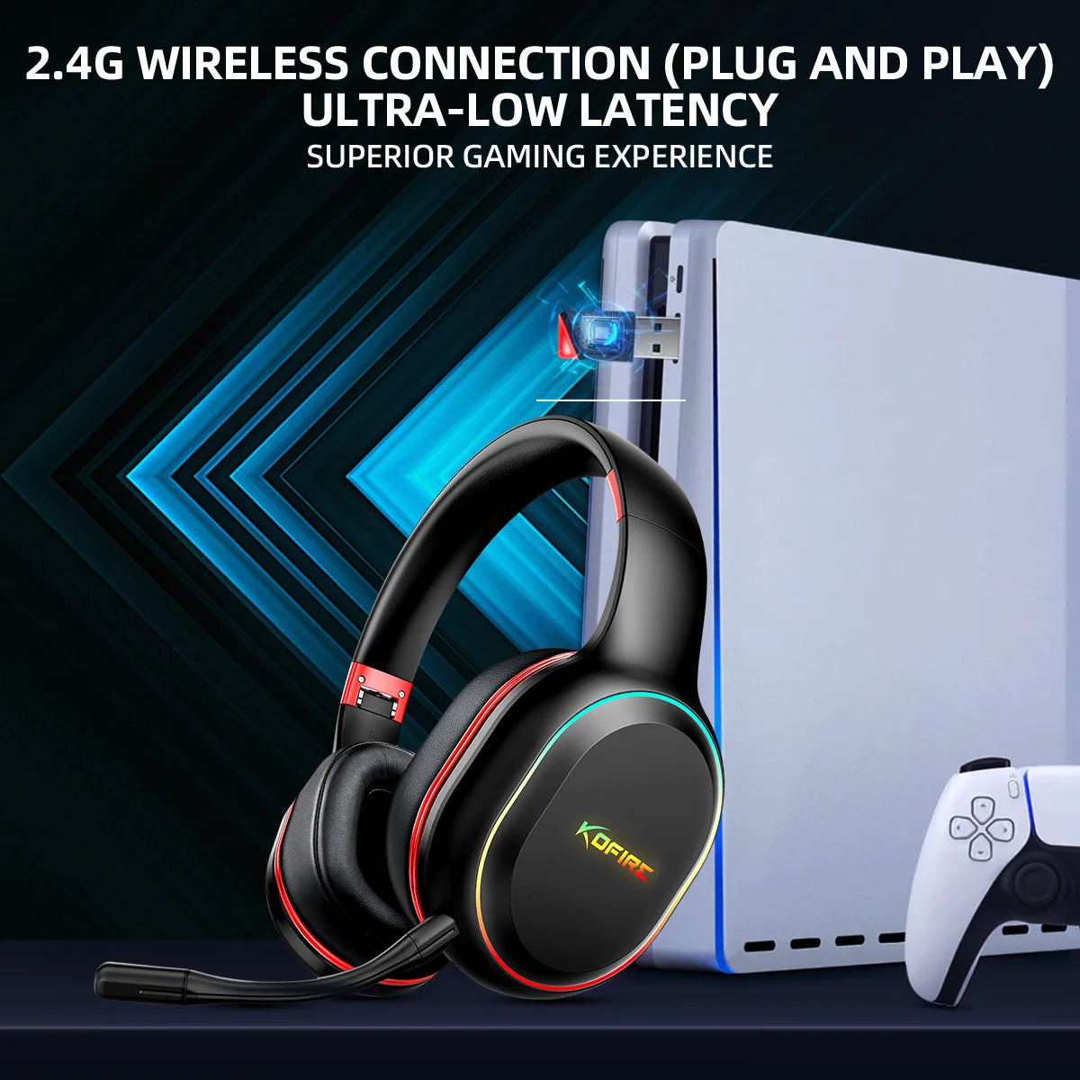 Kofire UG-05 Gaming Headphones 2.4G BT5.0 Wireless Headset With Mic RBG Light Vibration Bluetooth Earphone For PS4 PS5