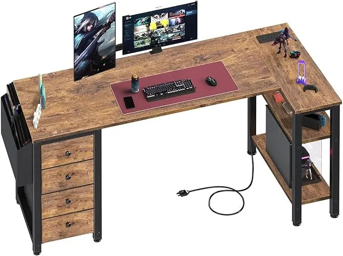 L Shaped Computer Desk with Drawers & Storage Shelves 55 Inch Corner Desk with Power Outlet for Home Office Bedroom