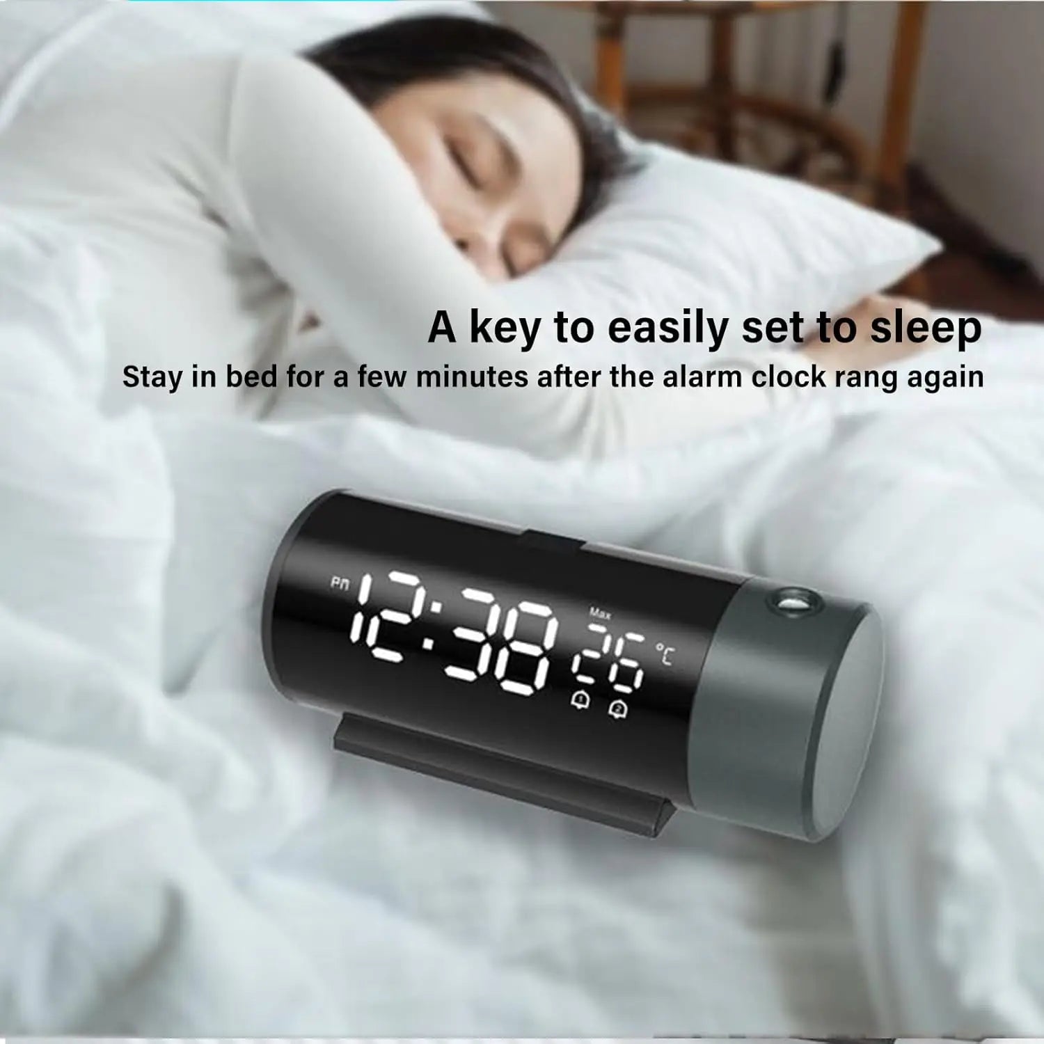 Black Bedroom Projection Alarm Clock with 180° Ceiling Projection 4 Adjustable Brightness Levels & Temp Humidity