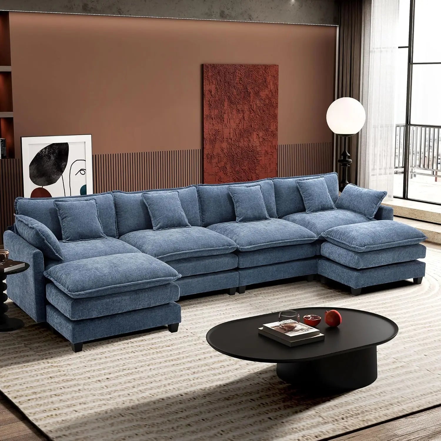 U-Shaped Modern Sofa Modular Sectional Cloud Couch with 2 Ottoman 6-Seat Chenille Deep Seat Sofa with 6 Pillows