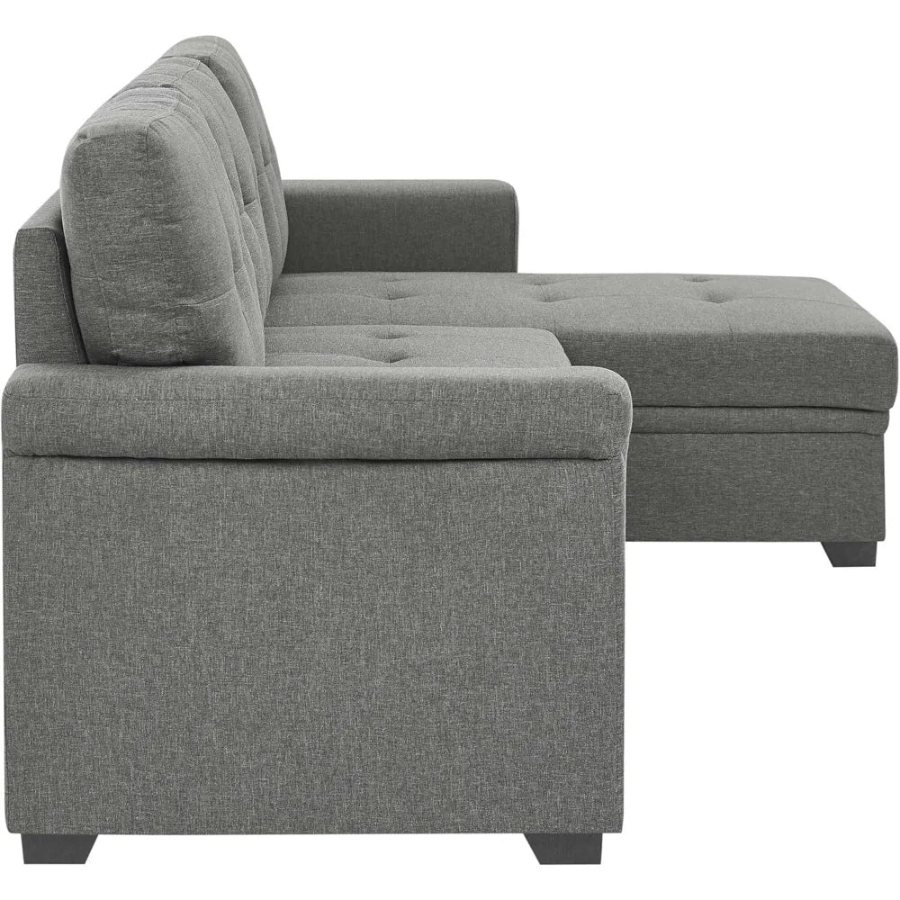 Gray Modern L-Shaped Sectional Sofa with Reversible Chaise Storage and Pull-Out Sleeper Bed for Living Rooms