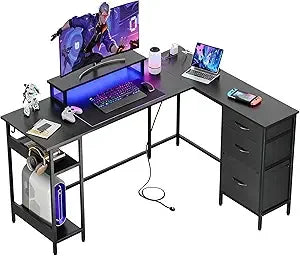 60 inch L-shaped gaming table with drawers and storage space L-shaped gaming table with LED lights computer desk