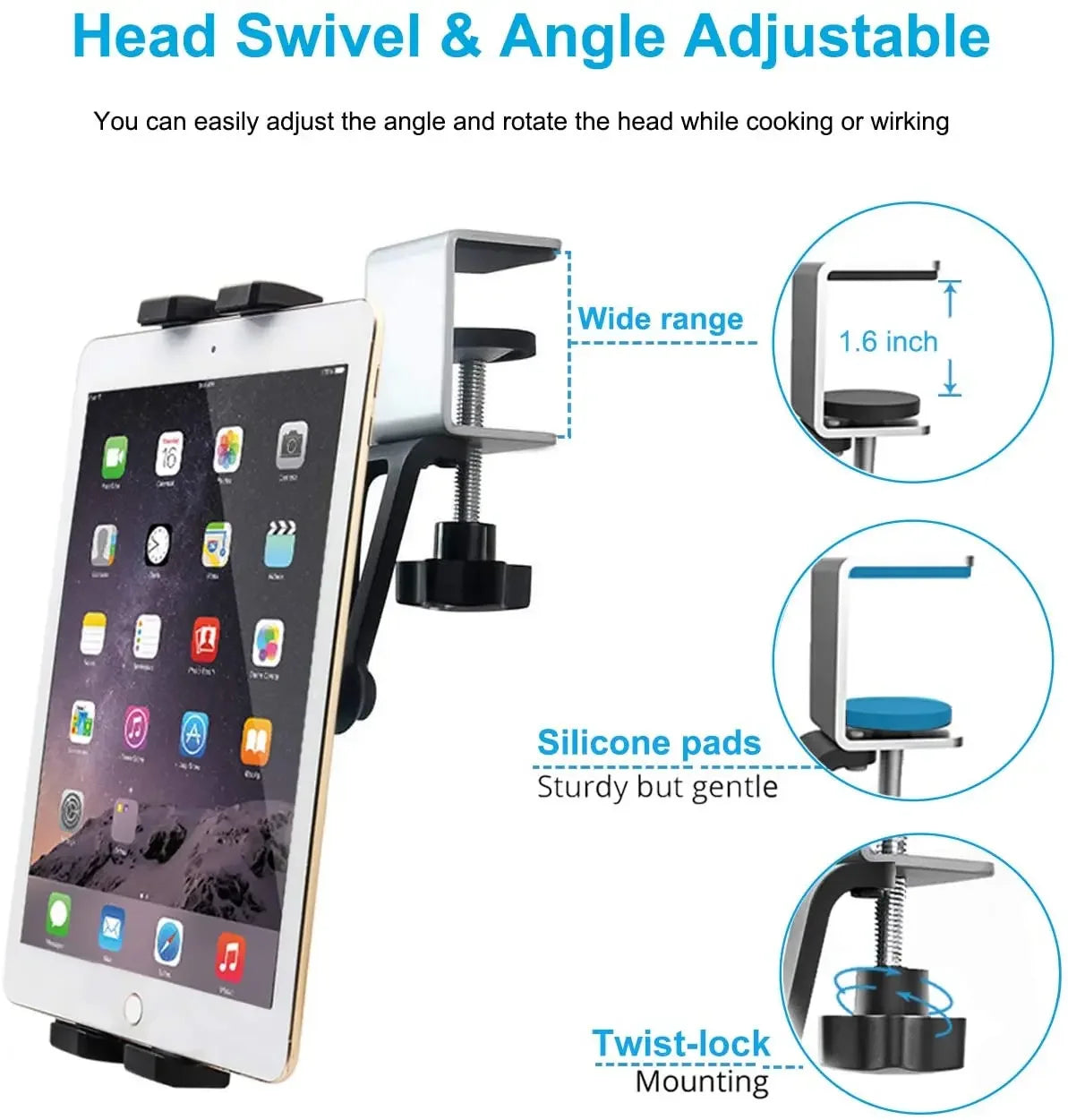 Kitchen Tablet Mount Aluminum Clamp 360° Rotation for 7-14.5 inches Clamp Tablets Phone Holder for iPad Xiaomi Samsung