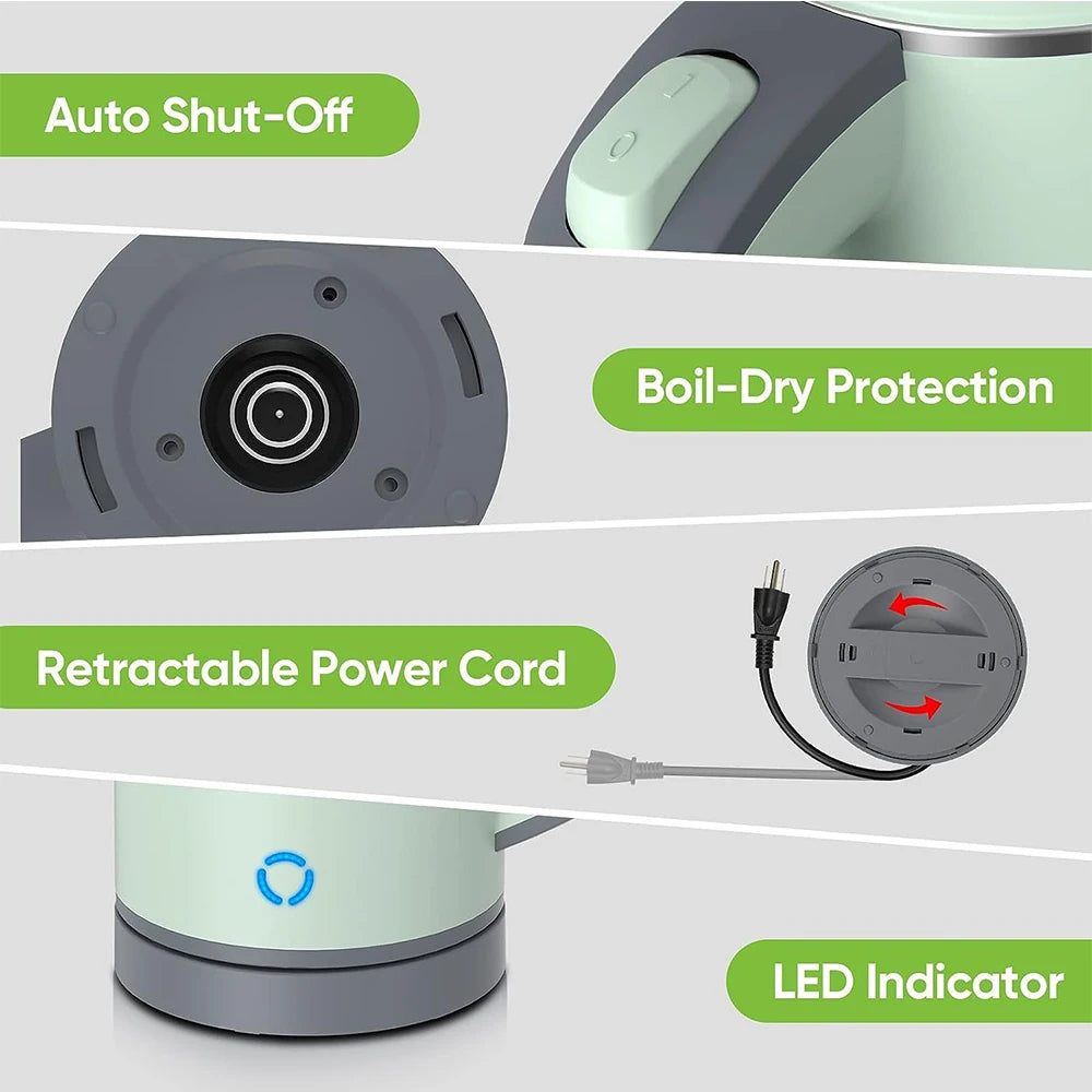 110V/220V Electric Kettle 0.8L Portable Travel Kettle Stainless Steel Liner With Auto Shut-Off 600W 5Mins Fast Boil