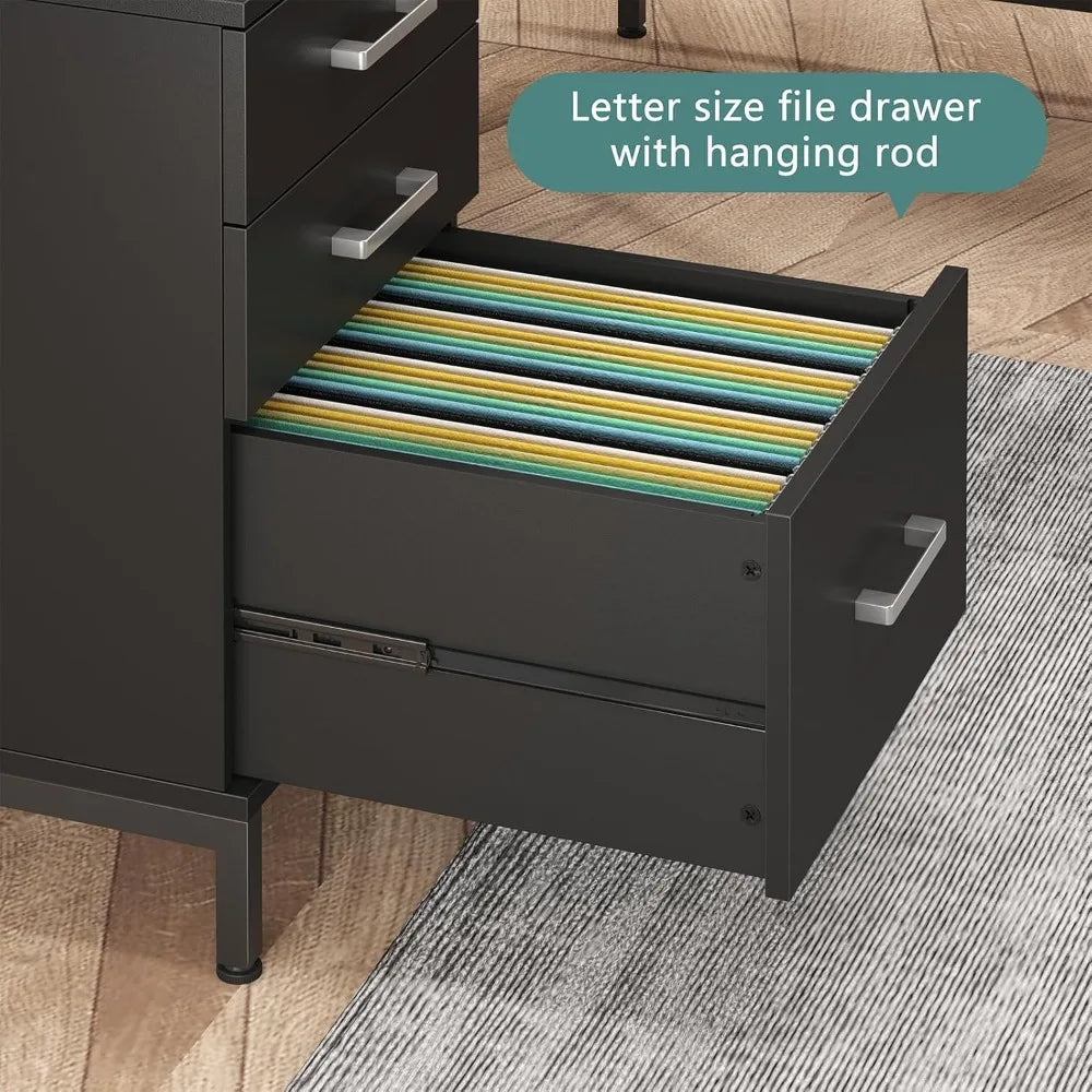 59’‘ L Shaped Desk with 6 Wood Drawers Large Home Office Corner Computer Desk with Storage File Cabinet,Modern Metal