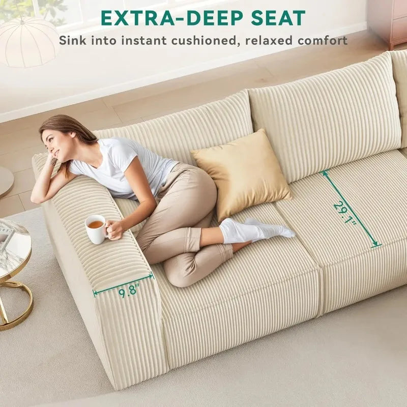 Luxurious 3-Seat Deep Modular Sectional Sofa with Cloud Comfort and 3 Pillows in Corduroy for Living Spaces