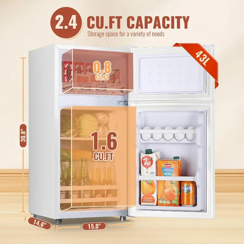 2.4 Cu.ft Small Refrigerator Mini Fridge with Double Doors & Separate Freezer & 7 Adjustable Temperature Control