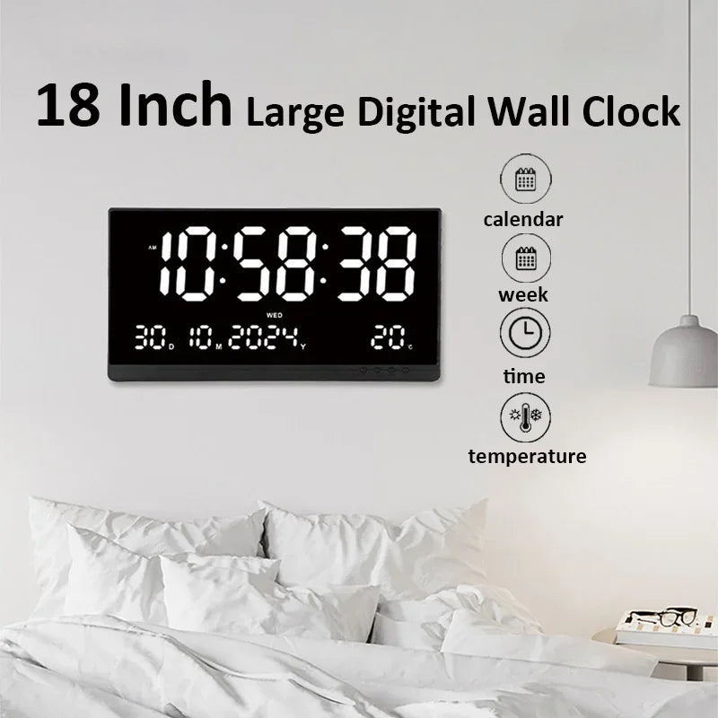 21 Inch Large Digital Wall Clock USB Powered Time Calendar 12/24H Time/Day/Month/Year/Temp Display Electronic LED Alarm