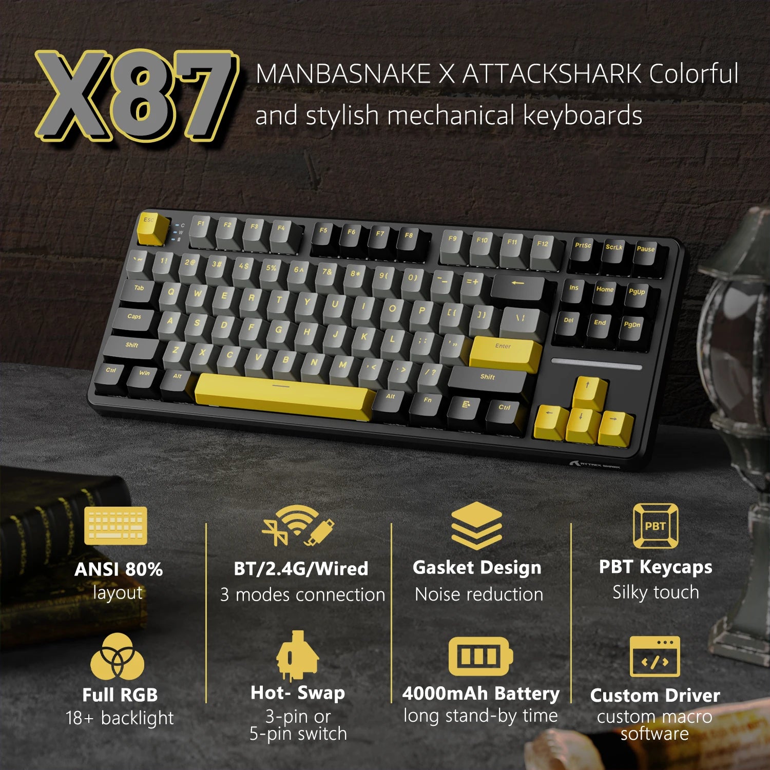 ATTACK SHARK X87 Wireless Mechanical Gaming Keyboard Tri-Mode BT5.0/2.4GHz/USB-C Gasket Hot Swappable Custom Keyboard