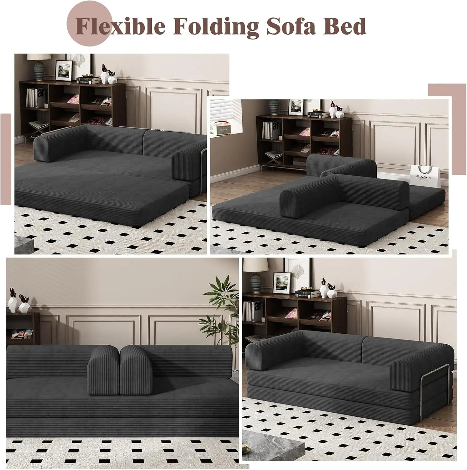 Convertible Corduroy Sleeper Sofa Bed,Folding Mattress Couch - black / United States