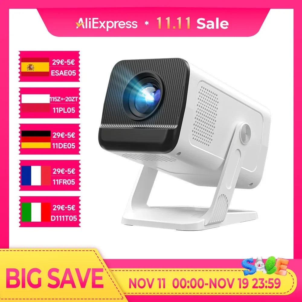 Mini Projector 1080P 4K Support with WiFi 6 & Bluetooth 5.4 Built-in Apps TV Android 11 Auto Keystone Outdoor Portable