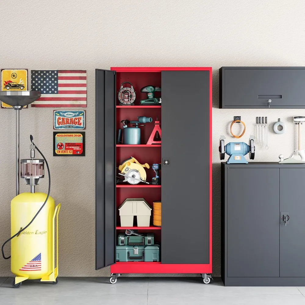 Metal Garage Storage Cabinet with Wheels 73’’ H Locking Tool Cabinet with 2 Doors and 4 Adjustable Shelves Tall Cabinet