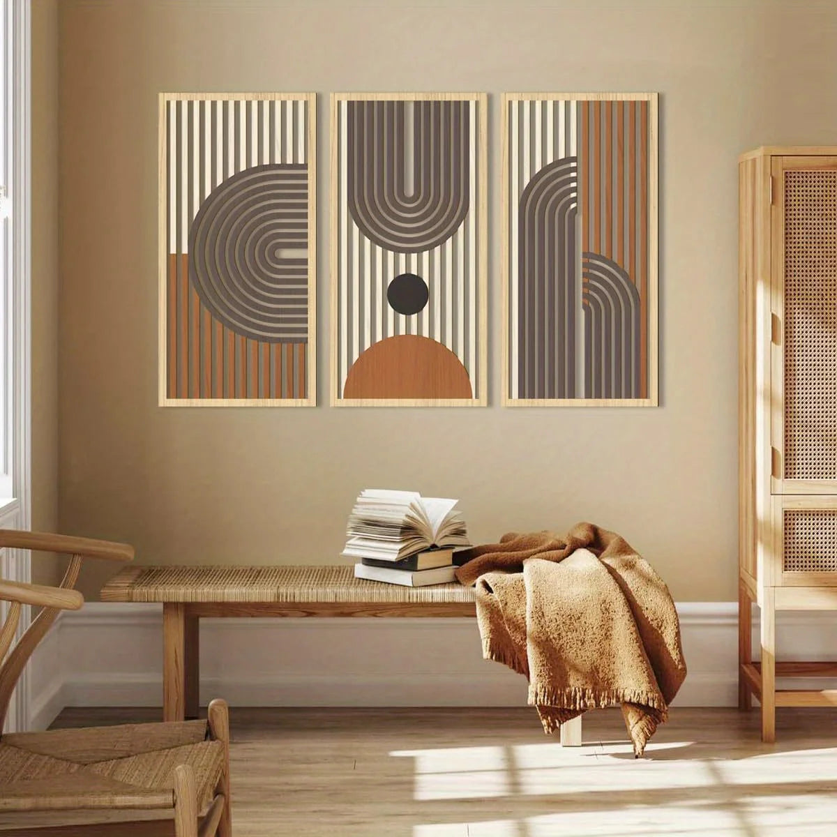 3PCS Modern Line Hollow Wooden Art Wall Decor Abstract Geometric Wall Sculptures Wall Decor for Bedroom Living Room