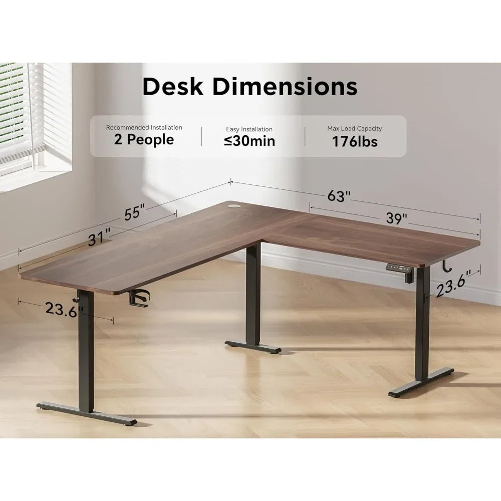 63X55 Inches Reversible L Shaped Standing Desk Height Adjustable with Cup Holder Electric Corner Computer Desk Sit