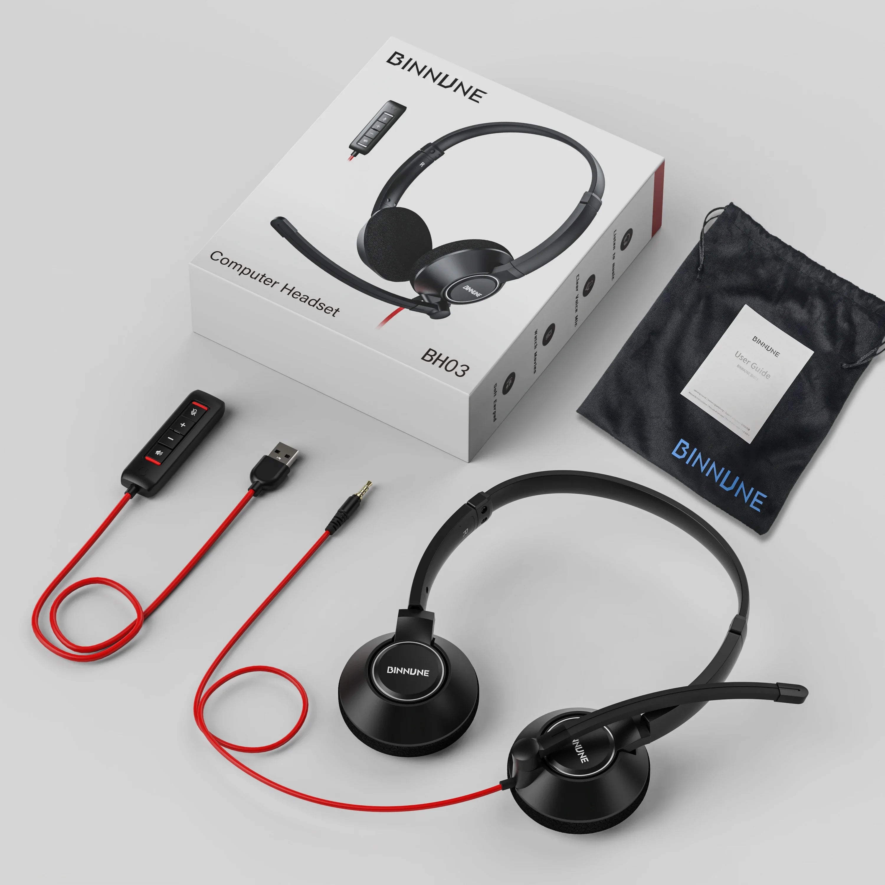 BINNUNE Headsets with Mic Wired Work Headphones for Laptop PC Computer with Noise Cancelling Mic for Zoom Office