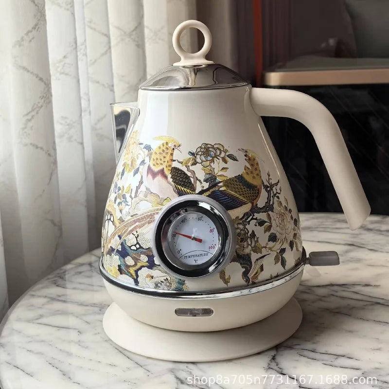 1.7L Retro Handmade Decals Electrc Kettle Boiling Water With Thermometer Automatic Power Off 304 stainless Steel Teapot