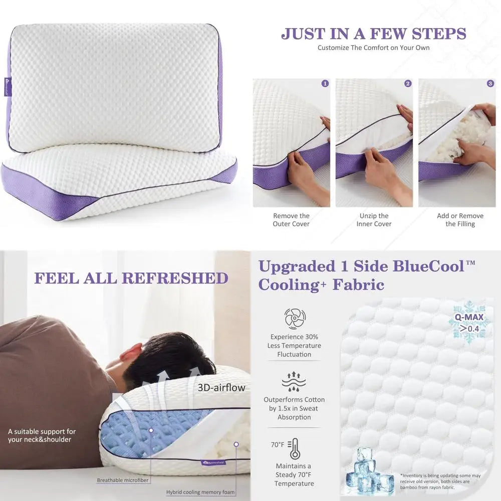 King Size Cooling Memory Foam Pillows - Adjustable Removable Cover Ideal for Side Stomach and Back Sleepers - United