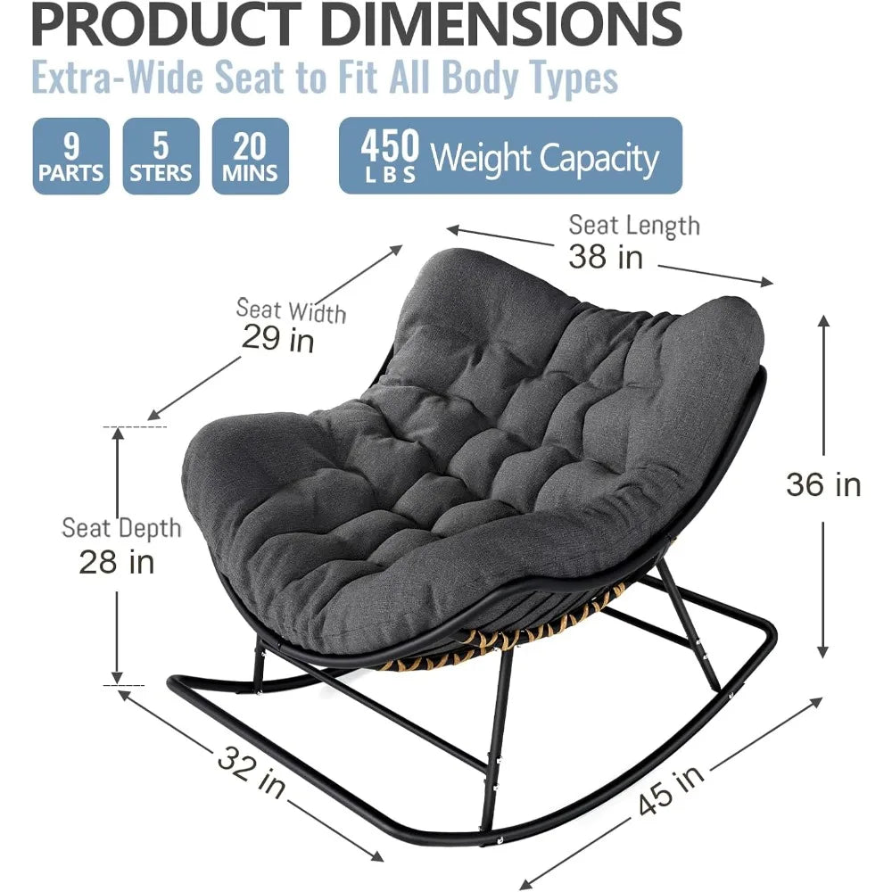 Papasan Rocking Chair Outdoor Indoor Oversized Egg Wicker Rocker with Cushion Supports 450 lbs Patio Chair for Balcony