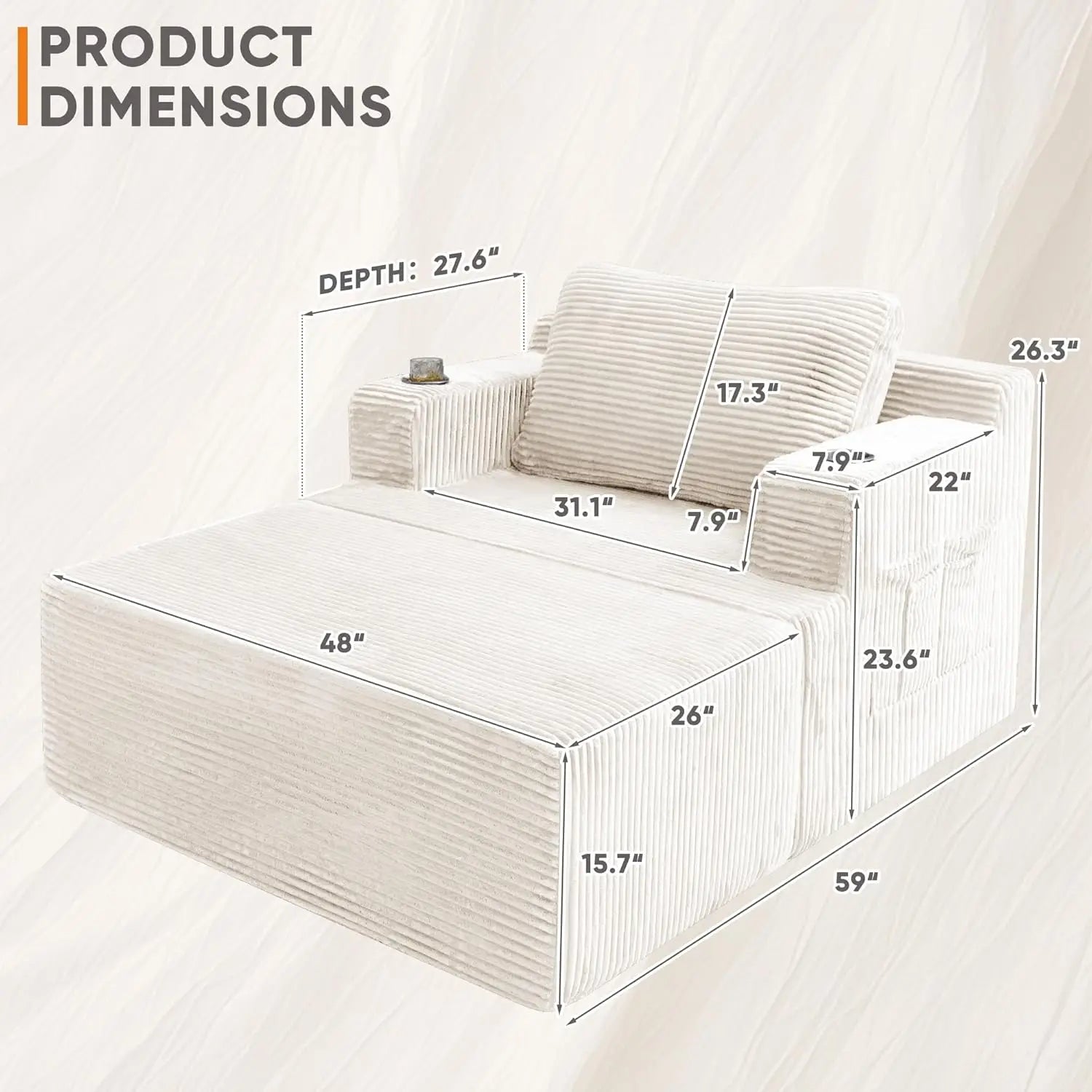 Oversized Chaise Lounge Chair Cloud Couch with Fluffy Upholstered Deep Seat Sleeper Sofa Bed - white / United States