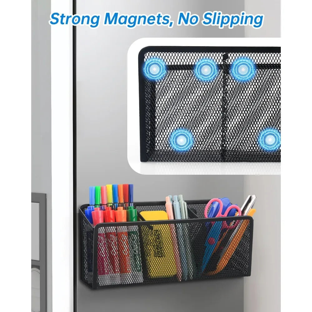 magnetic pencil holder - metal pen holder with strong magnets - storage basket organizer for whiteboard refrigerator
